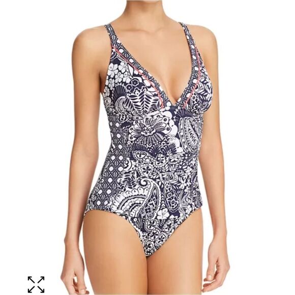 Tommy Bahama Paisley Paradise V Neck One Piece Swimsuit Size 10 - Picture 1 of 7
